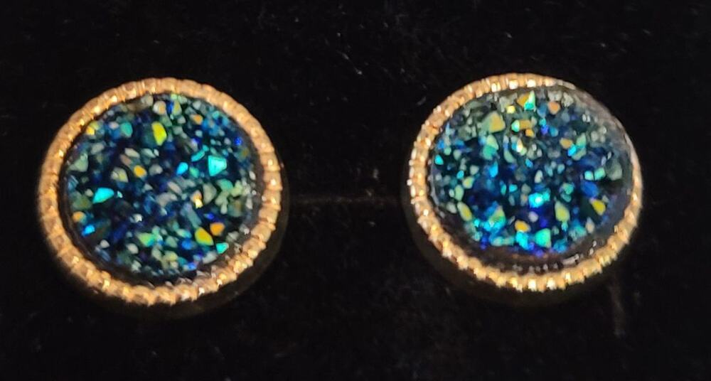 Blue Druzy Earrings Post Back Gold Framed Round NEW